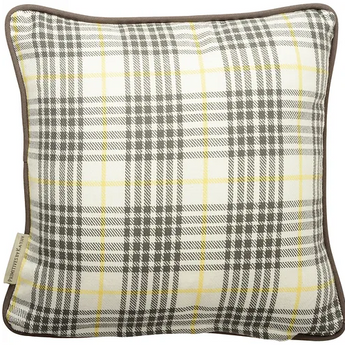 Grey side of No Cats On Couch Pillow with cream, yellow, and grey checkered pattern