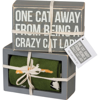 Gifts for Cat People, One Cat Away From Being A Crazy Cat Lady Socks And Box Sign