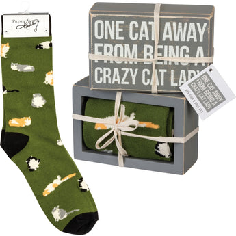 Crazy Cat Lady Gifts, One Cat Away From Being A Crazy Cat Lady Socks And Sign Set