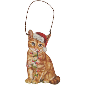 Orange Cat Christmas Tree Ornament shaped as an orange tabby cat with a Santa hat and Christmas lights, made of wood and burlap canvas.