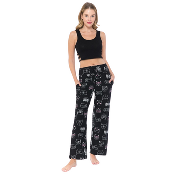 Women's Cat Print Pajama Pants Made Of Black Soft Fabric With White Cat Face Print