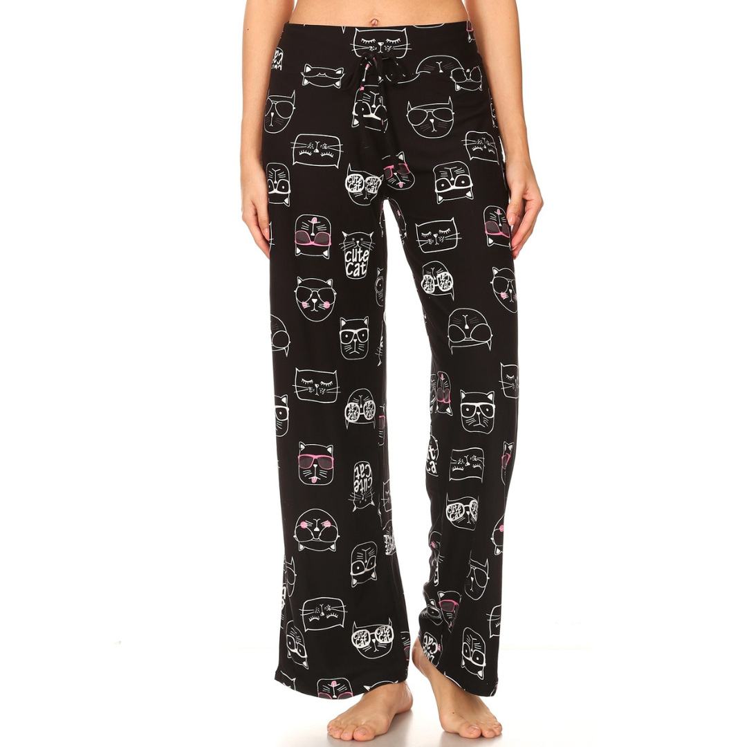Cat Pajamas for Women, Black Cat Print Pajamas for Adults