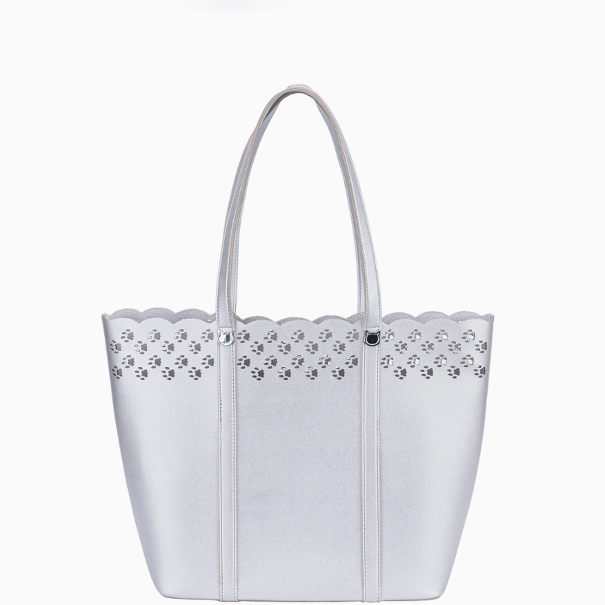 Chic Cat Couture: White Vegan Leather Paw Lace Handbag with Purr-fect Paw Print Accents.