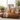 Brown pet bed with colorful striped pattern on a white background