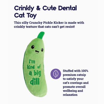 Side view of the Pickle Catnip Kicker Toy, showing its elongated 6.5" x 2.2" shape.