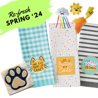 Cat Lover Subscription Box Including A Paw Print Soap, Set of 3 Cat Toys and A Set of 3 Cat Lady Kitchen Towels