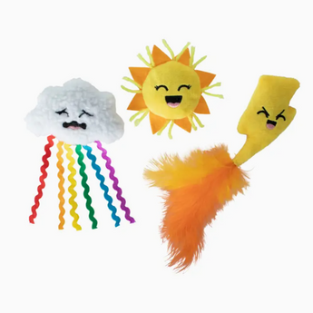Three colorful cat toys featuring a lightning bolt, a sun, and a cloud, arranged neatly on a white background. The lightning cat toy measures 8 inches by 2 inches, the sun cat toy measures 4 inches by 4 inches, and the cloud cat toy measures 4 inches by 2.5 inches. Made from soft plush fabric and adorned with dangling ribbons and fuzzy feathers, these toys are filled with 100% USA Grown Organic Catnip and crinkle paper for added excitement.