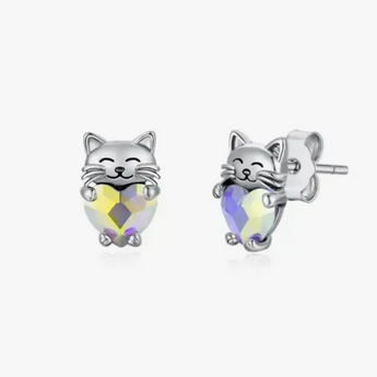 Cat Earrings Made Of Sterling Silver And Featuring A Crystal Heart