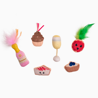 Purrsecco and Cupcakes Cat Toys 6-pack featuring champagne and dessert shapes