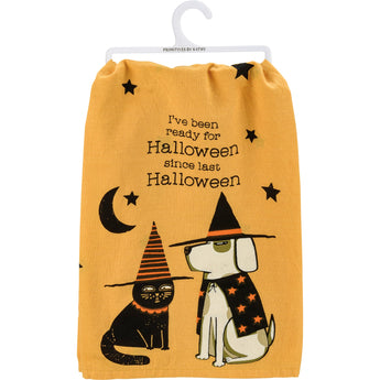 100% cotton Halloween-themed dish towel with a grumpy cat and dog against a yellow backdrop.