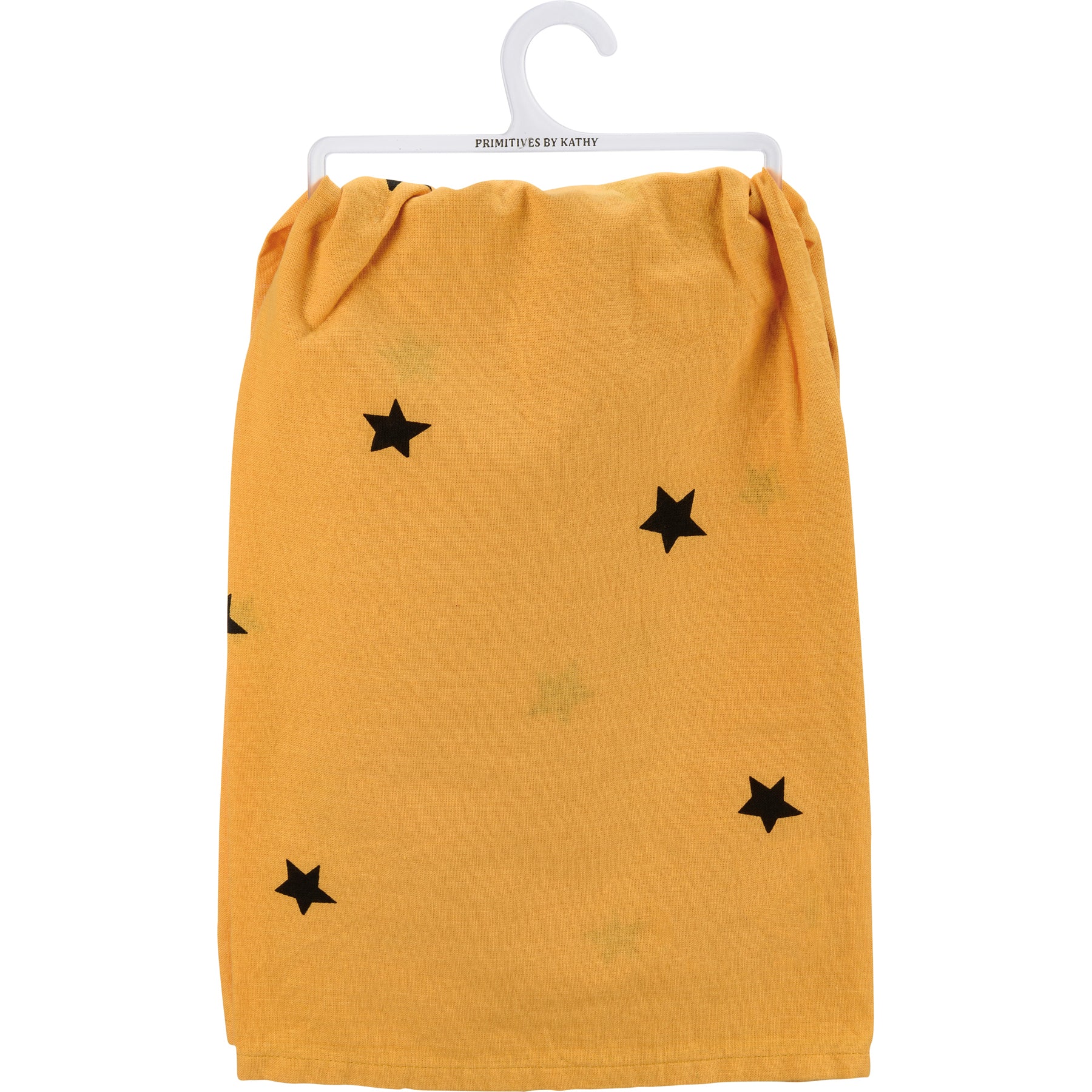 Kitchen towel showcasing a comical cat and dog in Halloween attire on a black star print motif.