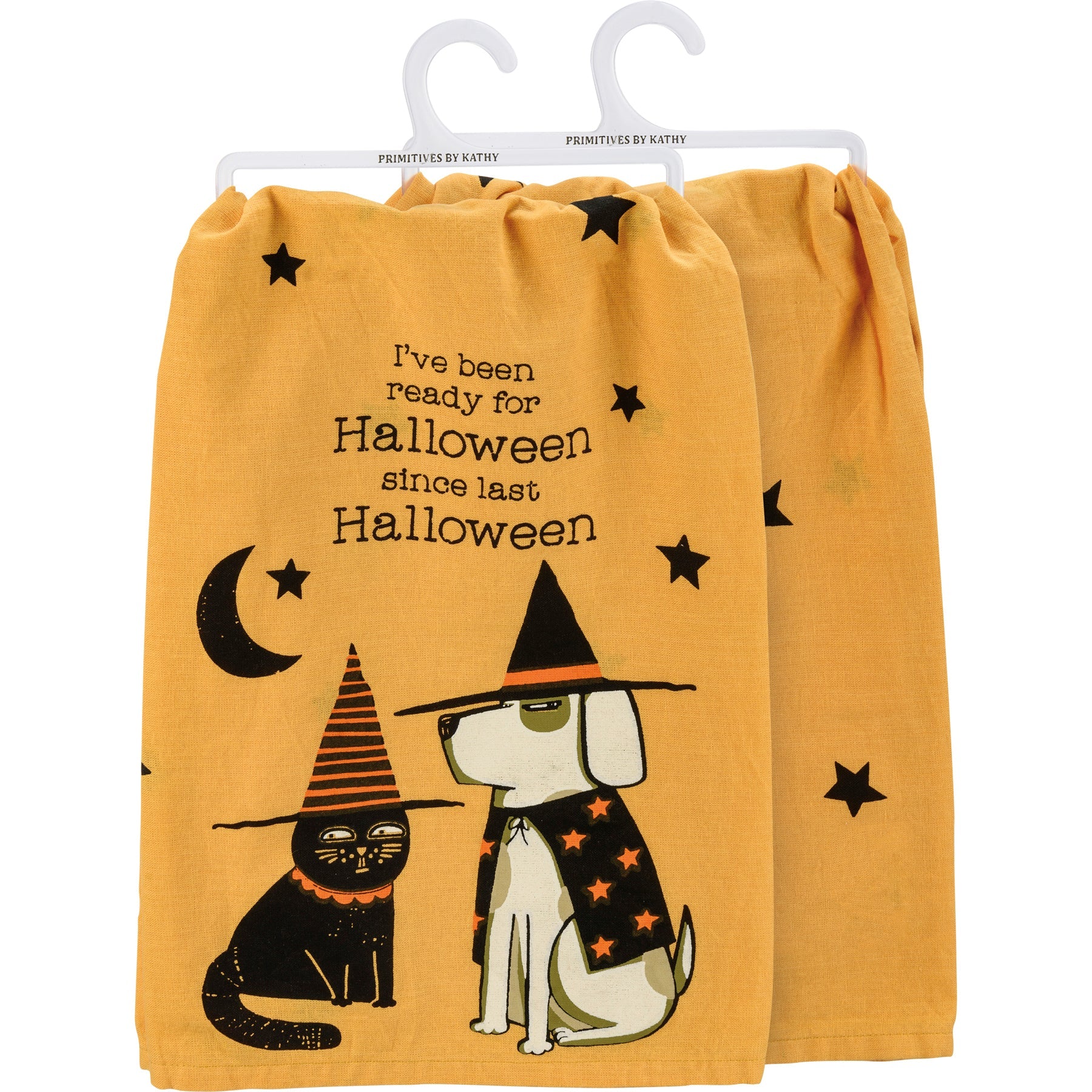 Spooky-themed dish towel with a humorous depiction of pets ready for Halloween festivities.