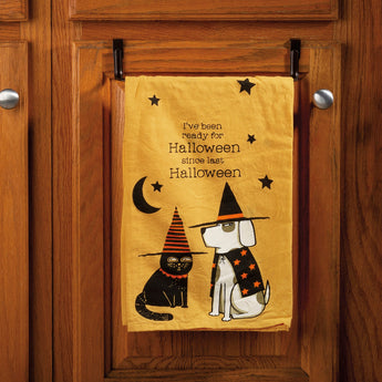 Funny dish towel featuring a cranky cat and dog duo dressed in Halloween costumes.