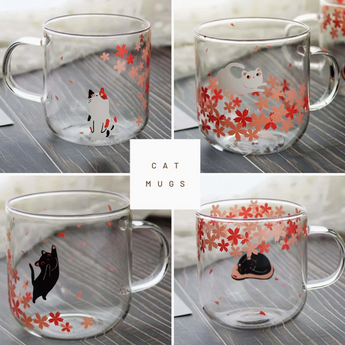 "Sakura Glass Cat Mug Set": A set of four glass mugs adorned with playful cat and cherry blossom designs.