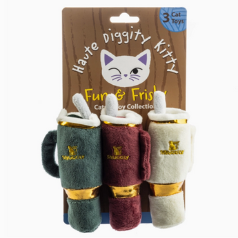 Snuggly Cup catnip toy set with green, white, and burgundy holiday cups