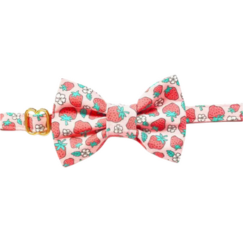 Adorable pink cat collar and bow tie set featuring a playful strawberry print, perfect for fashion-forward felines. Adjustable from 7 to 11 inches with a breakaway buckle for safety. The matching bow tie attaches easily with an elastic band, adding a touch of whimsy to your kitty's ensemble.