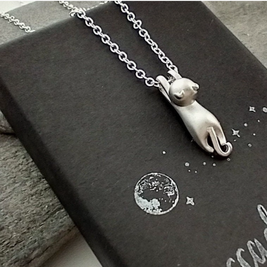 Cat Themed Jewelry, Silver Cat Pendant Featuring a Stretched Cat