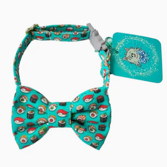 Adorable Sushi Cat Collar and Bow Tie Set: Blue fabric with sushi print, adjustable 7-11" collar with breakaway buckle, elastic attachment for bow tie.