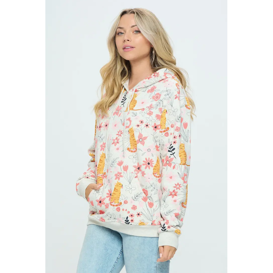 Ladies Cat Print Hooded Sweatshirt With An All-Over Cat Print