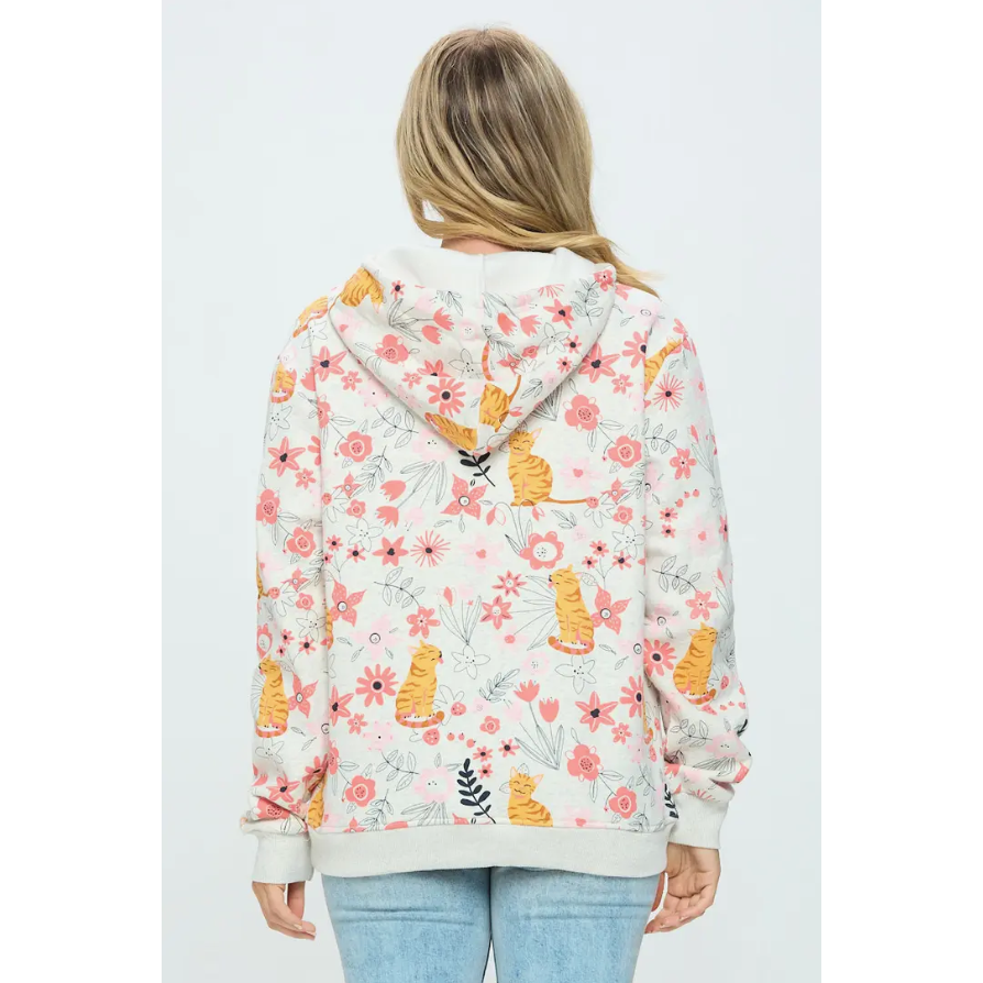 Womens Cat Hoodie With a Flower And Cat Print