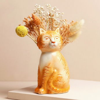 Tabby Cat Vase with orange flowers