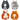 Four cat-shaped felt items arranged in a 2x2 grid on a plain white background. The set includes dark gray, light gray, orange, and orange-and-white cats, each with embroidered facial features and simple body patterns.