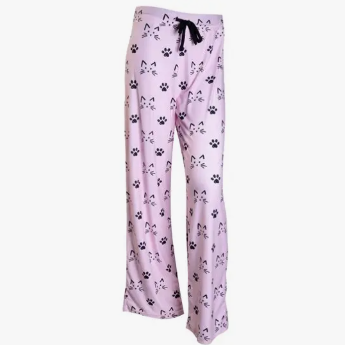 Cat Pajamas For Women, Pink Cat Face Print Pajama Pants For Women