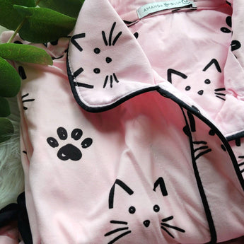 Pink Black Cat Print Pajamas Set For Women