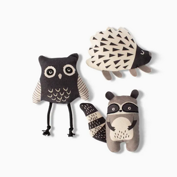 Wild Ones Cat Toy Set - Handmade organic catnip toys in raccoon, owl, and hedgehog designs with crinkle paper, squeakers, and rope.