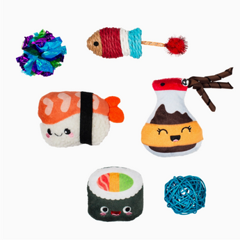 True Soymates Cat Toy Set with six sushi-themed toys including soy sauce, sashimi, sushi roll, fish, crinkle ball, and rattle feather ball