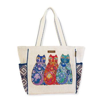 Front view of cream canvas tote bag adorned with three colorful cats and a whimsical cat-shaped zipper.