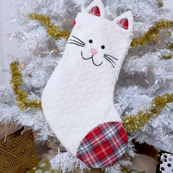 White Cat Christmas Stocking with black embroidered face and pink felt nose, perfect for holiday decor.