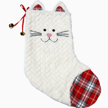 18-inch cat-themed stocking with red plaid and chevron details, and a red bow tie with gold bells.