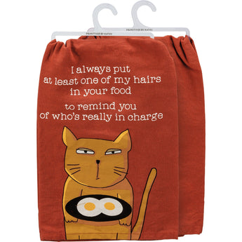 Close-up of the "Who's Really In Charge" Cat Kitchen Towel, featuring a cheeky cat carrying a pan with eggs.
