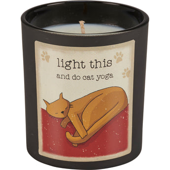 Adorable Cat Yoga Scene on Yoga Cat Candle Jar with a cozy pillow