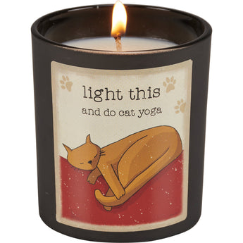 Side View of Yoga Cat Candle with "Light This And Do Cat Yoga" inscription