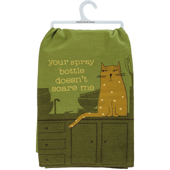 Close-up of kitchen towel with mischievous cat and spray bottle design.