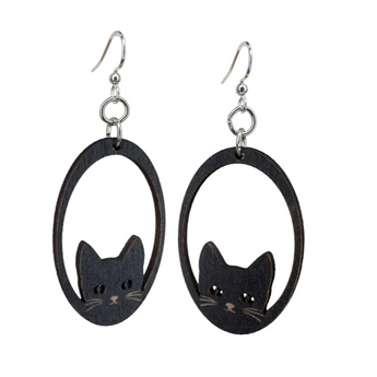 Oval-shaped black cat earrings with hypoallergenic stainless steel ear wires and eco-friendly materials.