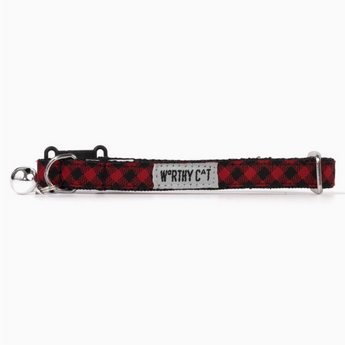 Buffalo Plaid Cat Collar in black and red plaid with breakaway clasp and removable bell.