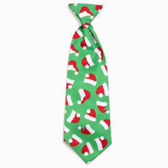 Green neck tie for pets with Santa hat print.