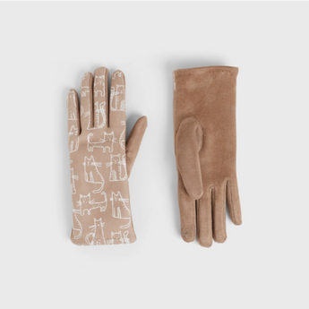 Beige Cat Doodle Touchscreen Gloves with playful cat doodles and solid palm for grip.