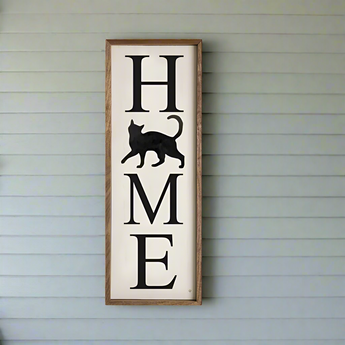 Handmade Cat Home Wall Art, 4" x 12", with the word "Home" written vertically and a cat silhouette replacing the letter "O."