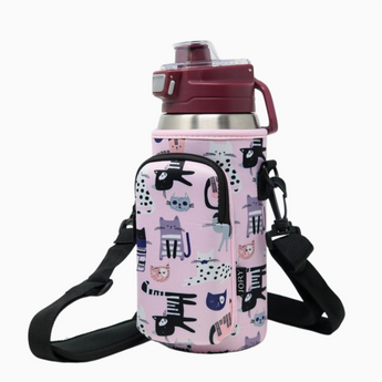 Cat Lover On The Go Crossbody Bag Front View: A crossbody bag with a light pink neoprene fabric featuring an all-over print of cute cats, showing the adjustable strap and front zip pocket.