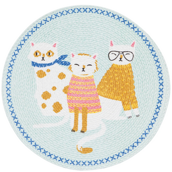 Feline Fine Braided Placemat with three embroidered cats in glasses, scarf, and sweater