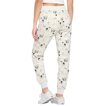 Cat Print Sweatpants with black-outlined cats playing, sitting, and being curious on light cream fabric.