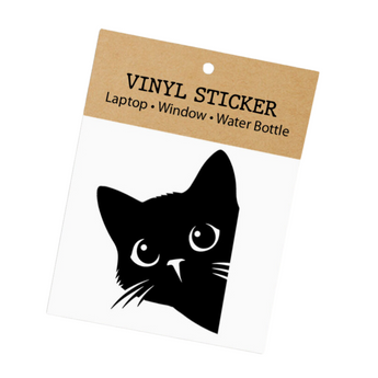 Slim vinyl "Curious Cat" sticker featuring a peeking black cat, perfect for water bottles.