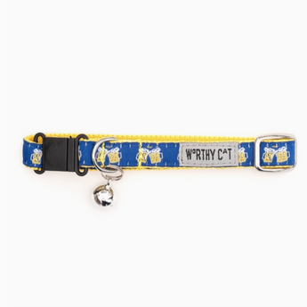 Dark blue Cheers Cat Collar with printed beer steins, durable nylon webbing, and nickel D-ring.