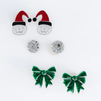 Flat lay of Holiday Cats Trio Earrings arranged on a white background.