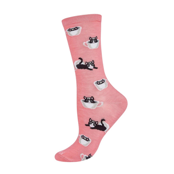 Pair of Cup Of Cats Socks displayed flat, highlighting the detailed black cats in white coffee cups pattern on heather blue background.