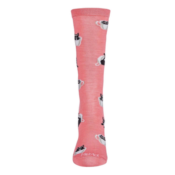 Heather pink Cup Of Cats Socks with black cats in white coffee cups print, shown in crew length.